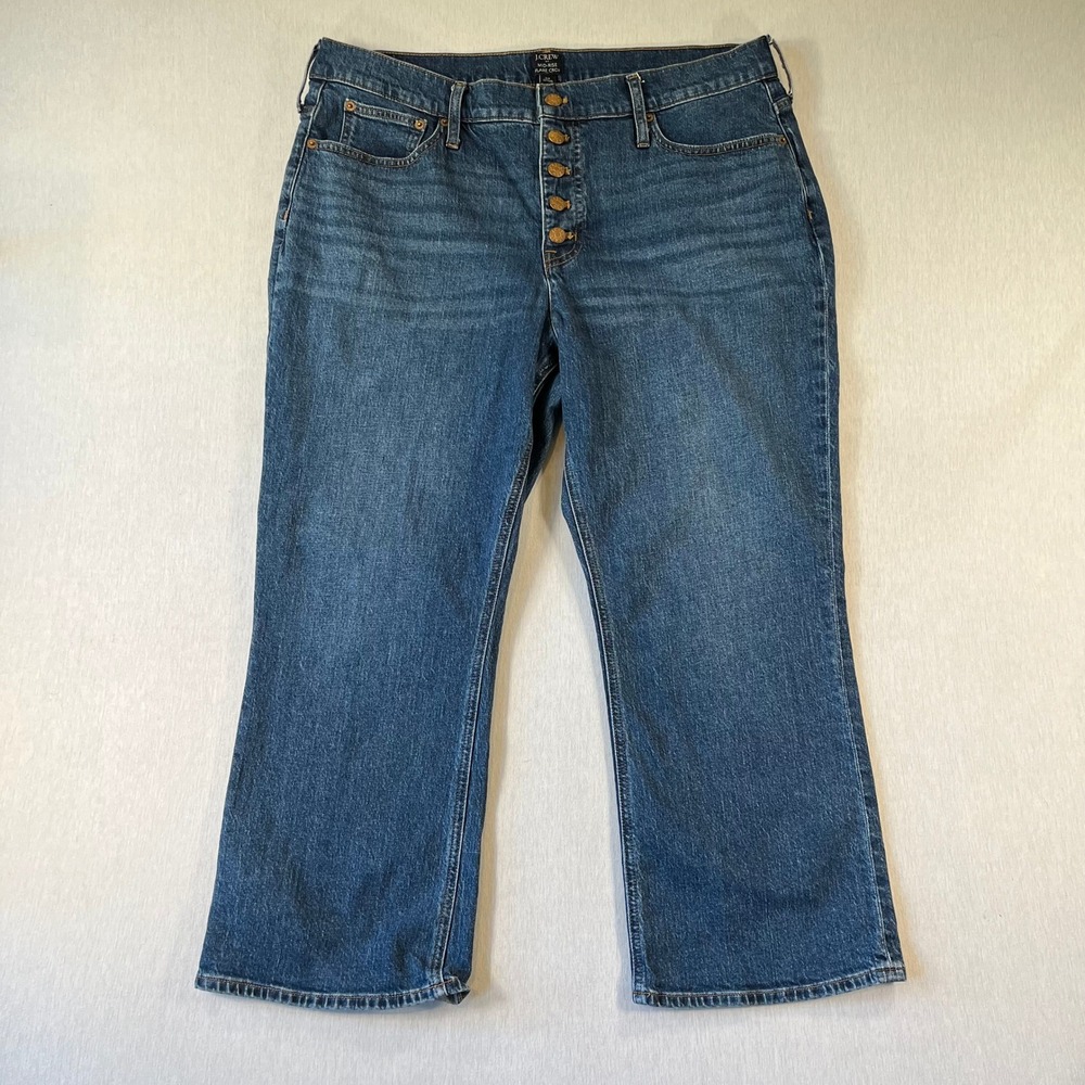 J Crew Jeans Women 34 (38x24.5) Mid-Rise Flare Crop Button Fly Blue Plus Stretch